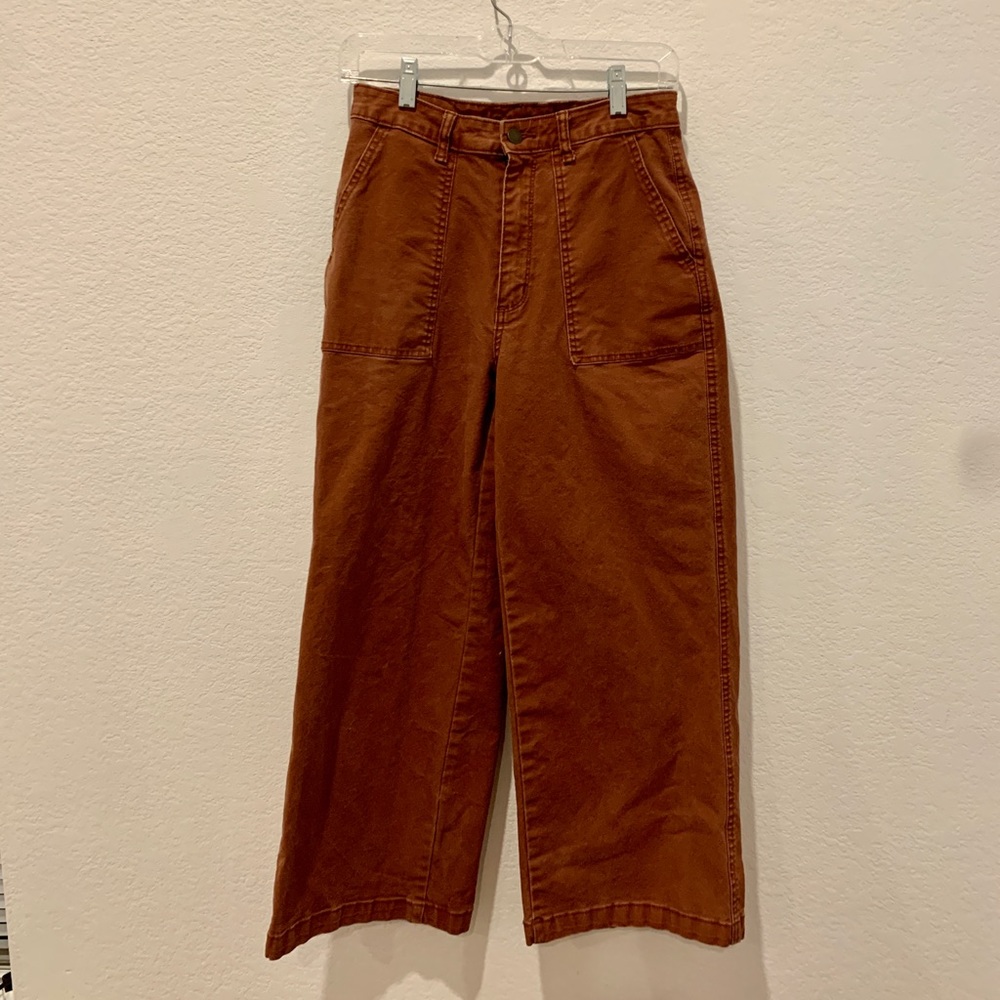High rise, wide leg burnt orange cotton pants.